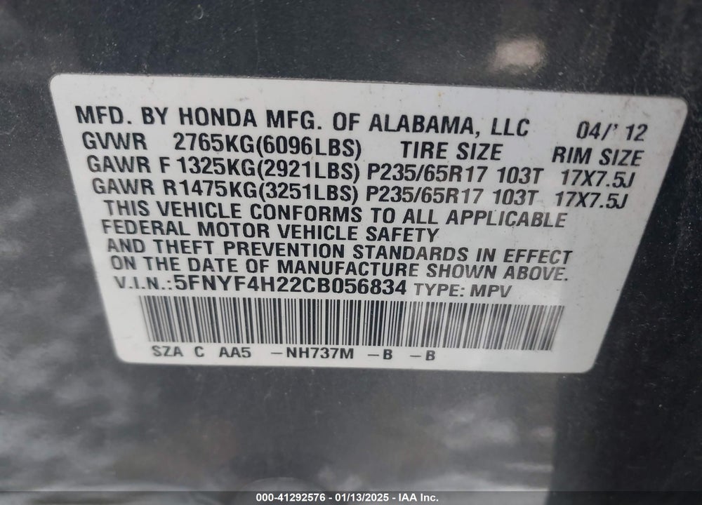 2012 HONDA PILOT LX VIN: 5FNYF4H22CB056834