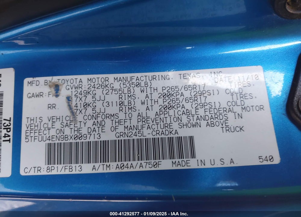 2011 TOYOTA TACOMA ACCESS CAB VIN: 5TFUU4EN9BX009713