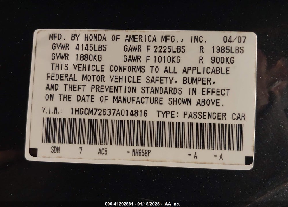 2007 HONDA ACCORD 2.4 EX VIN: 1HGCM72637A014816
