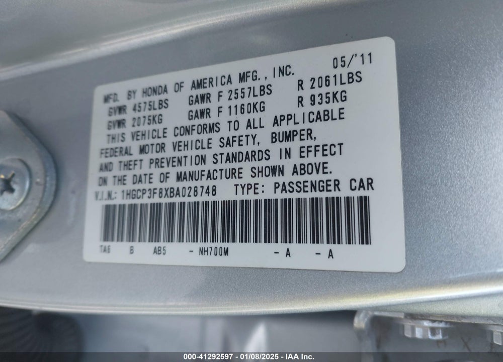 2011 HONDA ACCORD VIN: 1HGCP3F8XBA028748