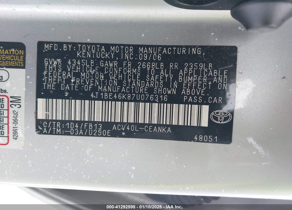 2007 TOYOTA CAMRY VIN: 4T1BE46K87U076316