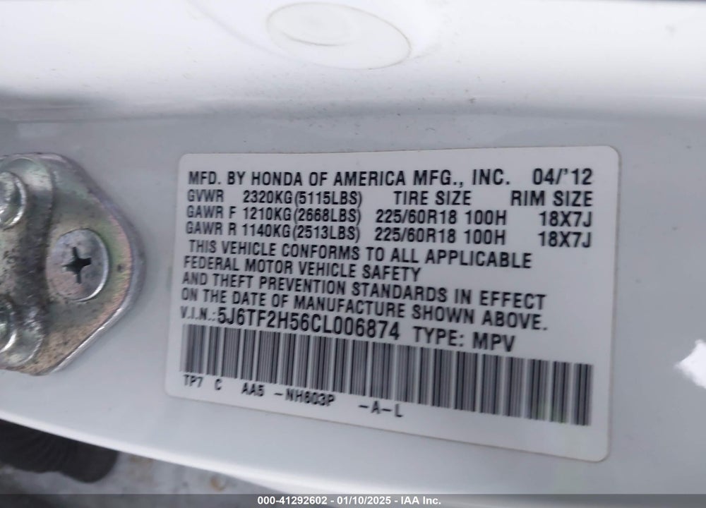 2012 HONDA CROSSTOUR EX-L VIN: 5J6TF2H56CL006874