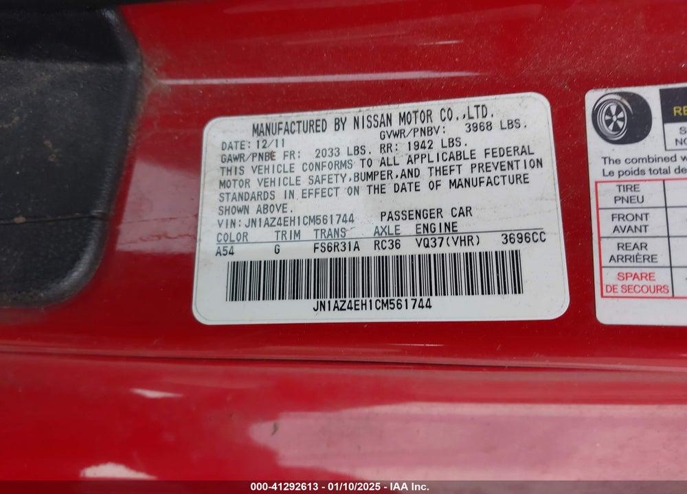 2012 NISSAN 370Z VIN: JN1AZ4EH1CM561744