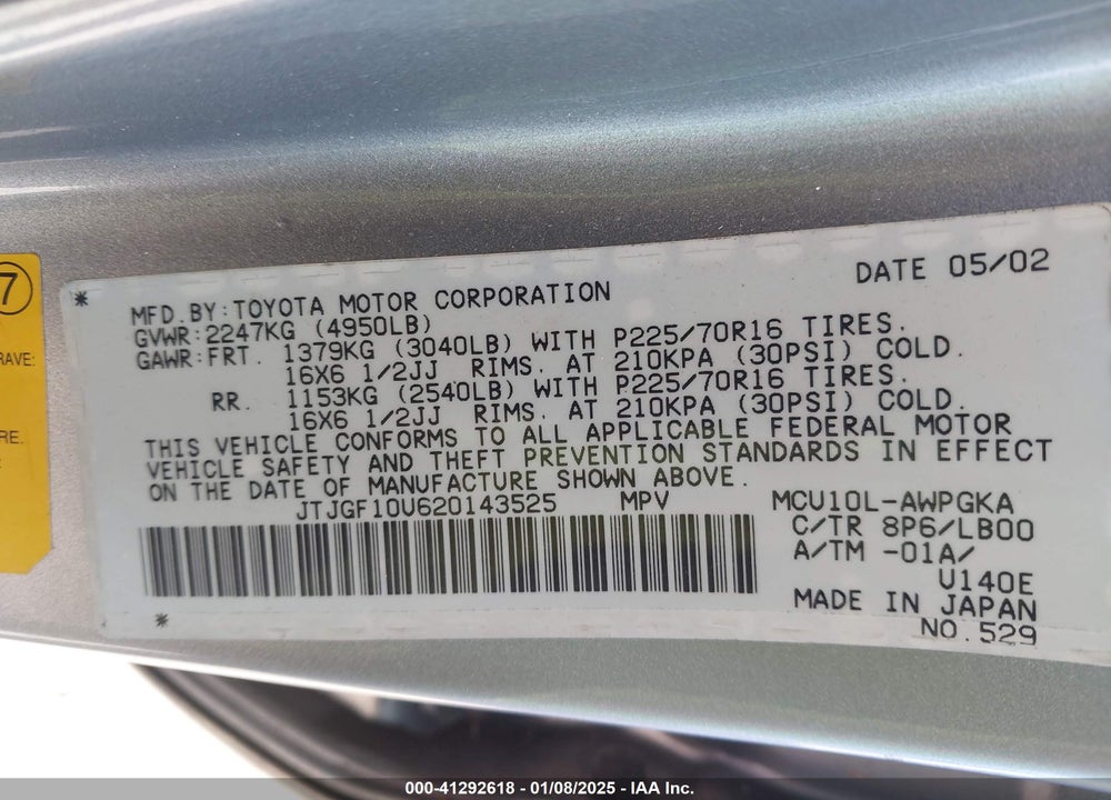 2002 LEXUS RX 300 VIN: JTJGF10U620143525