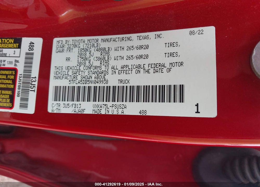 2022 TOYOTA TUNDRA SR5 VIN: 5TFLA5DB5NX049938
