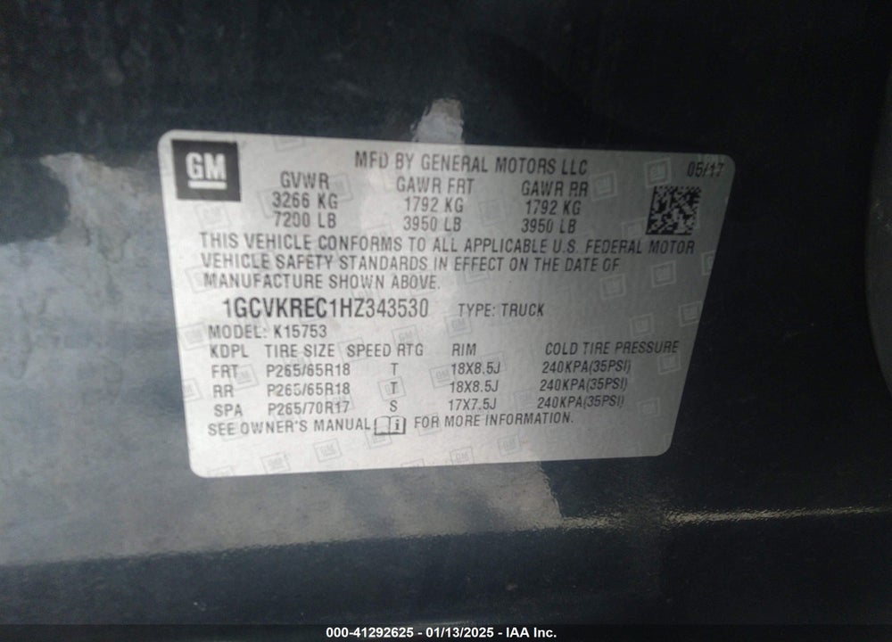 2017 CHEVROLET SILVERADO 1500 VIN: 1GCVKREC1HZ343530
