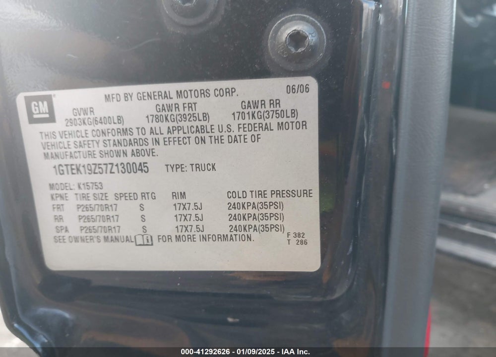 2007 GMC SIERRA 1500 CLASSIC VIN: 1GTEK19Z57Z130045