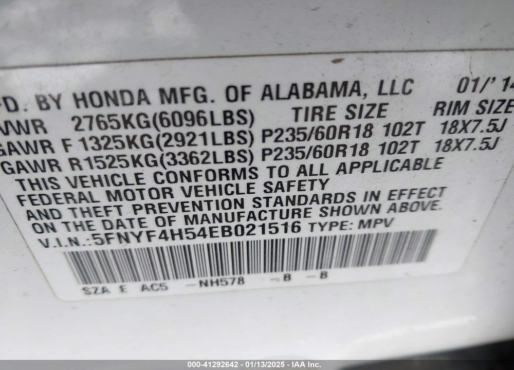2014 HONDA PILOT EX-L VIN: 5FNYF4H54EB021516