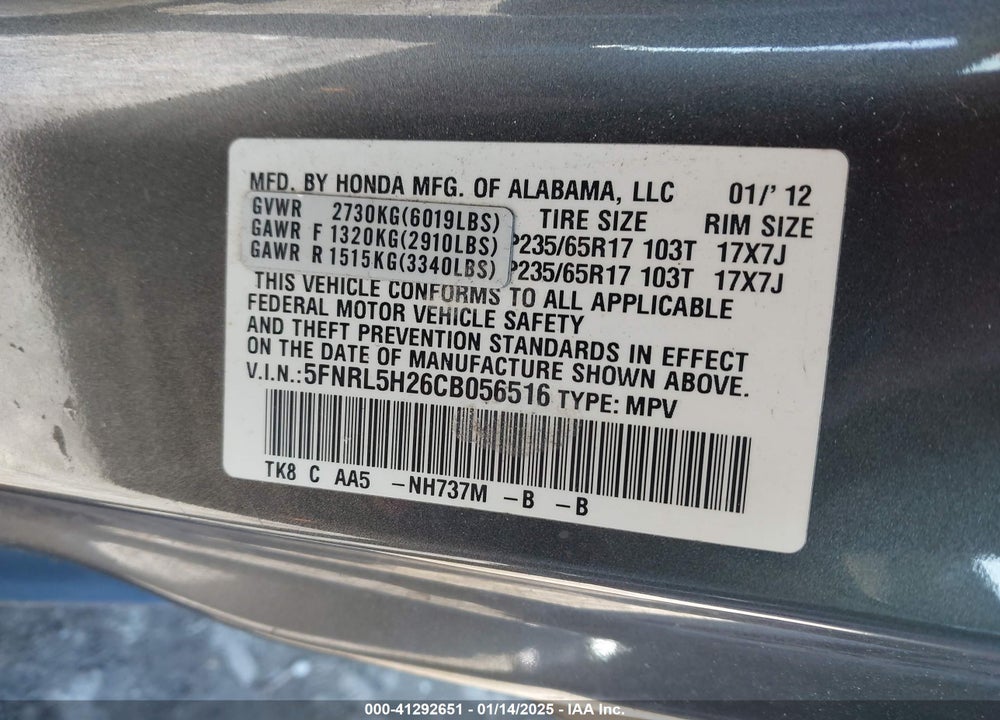 2012 HONDA ODYSSEY LX VIN: 5FNRL5H26CB056516