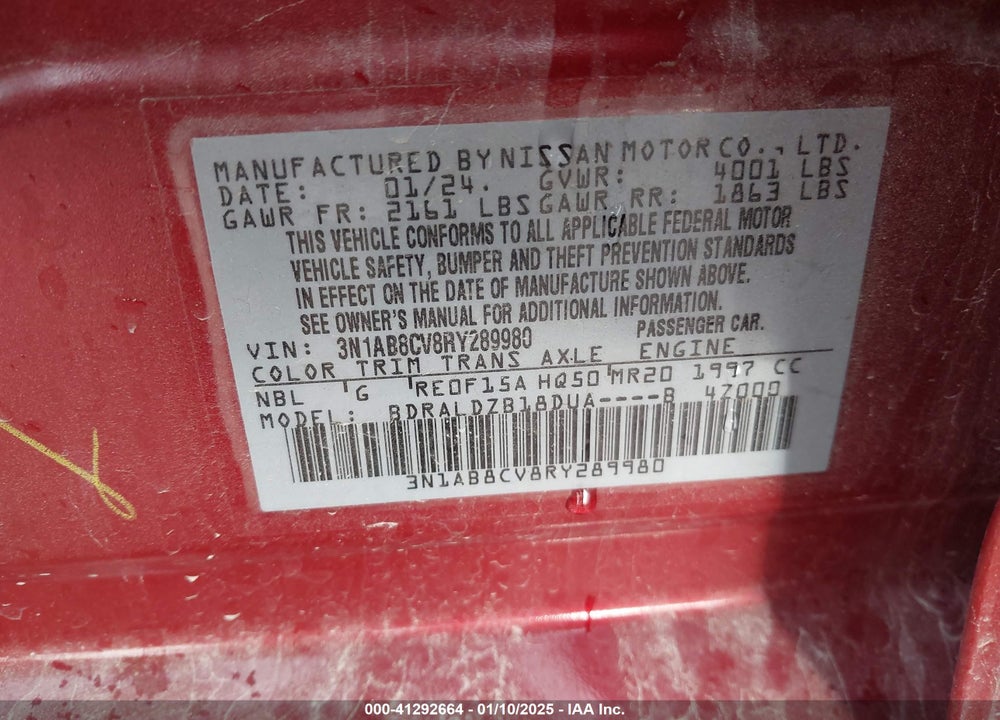 2024 NISSAN SENTRA SV XTRONIC CVT VIN: 3N1AB8CV8RY289980