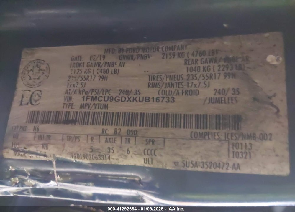 2019 FORD ESCAPE SE VIN: 1FMCU9GDXKUB16733