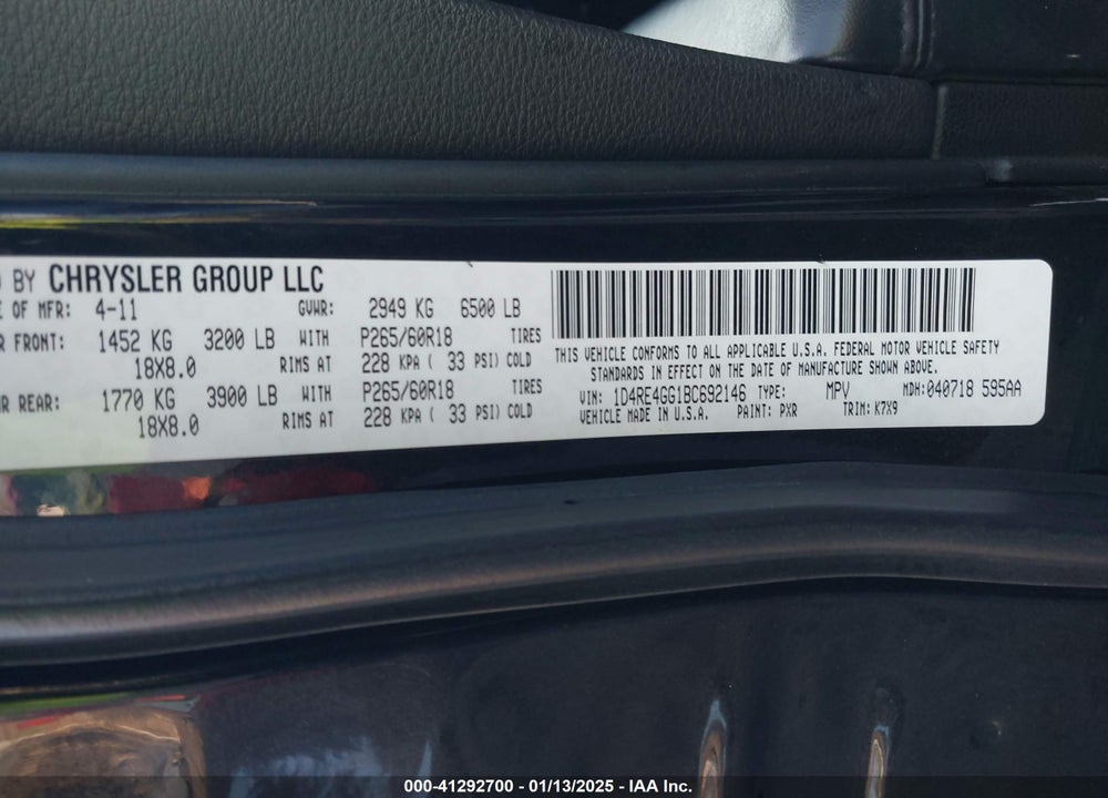2011 DODGE DURANGO VIN: 1D4RE4GG1BC692146