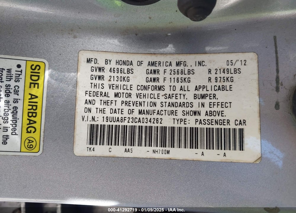 2012 ACURA TL VIN: 19UUA8F23CA034262
