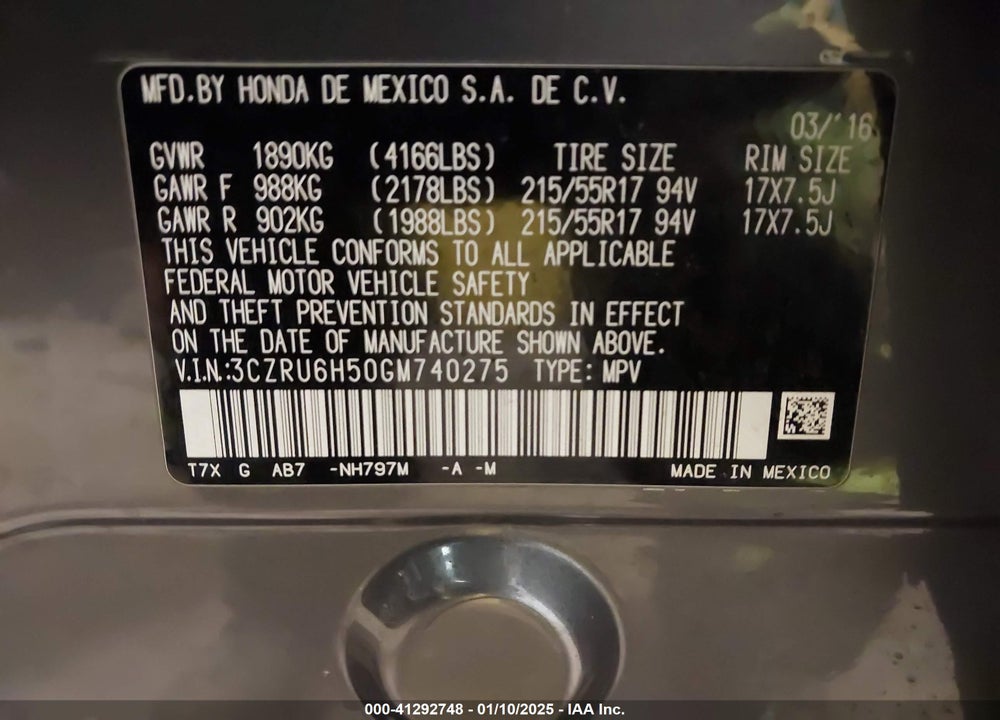2016 HONDA HR-V EX VIN: 3CZRU6H50GM740275