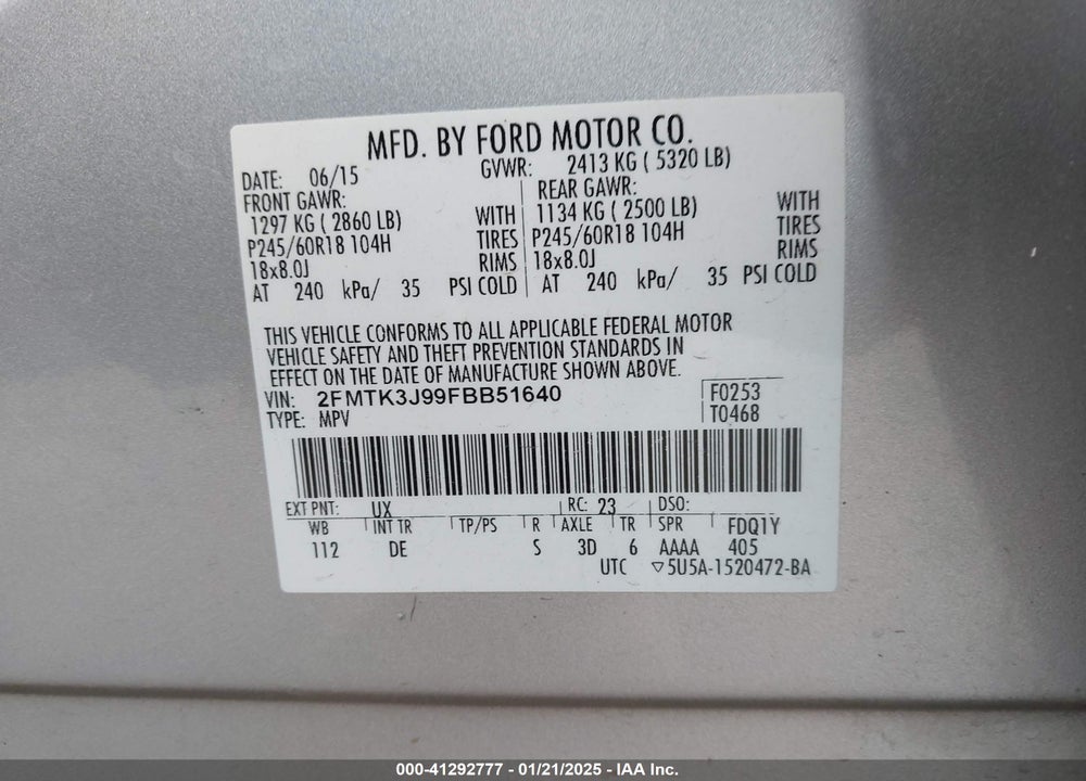 2015 FORD EDGE SEL VIN: 2FMTK3J99FBB51640