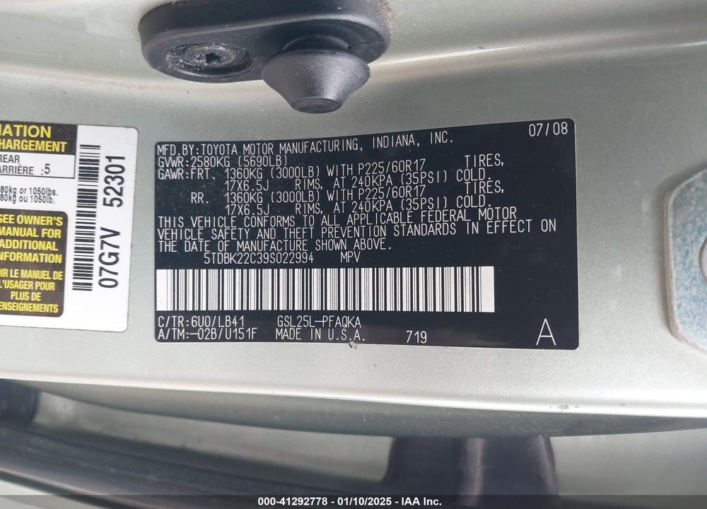 2009 TOYOTA SIENNA LIMITED VIN: 5TDBK22C39S022994