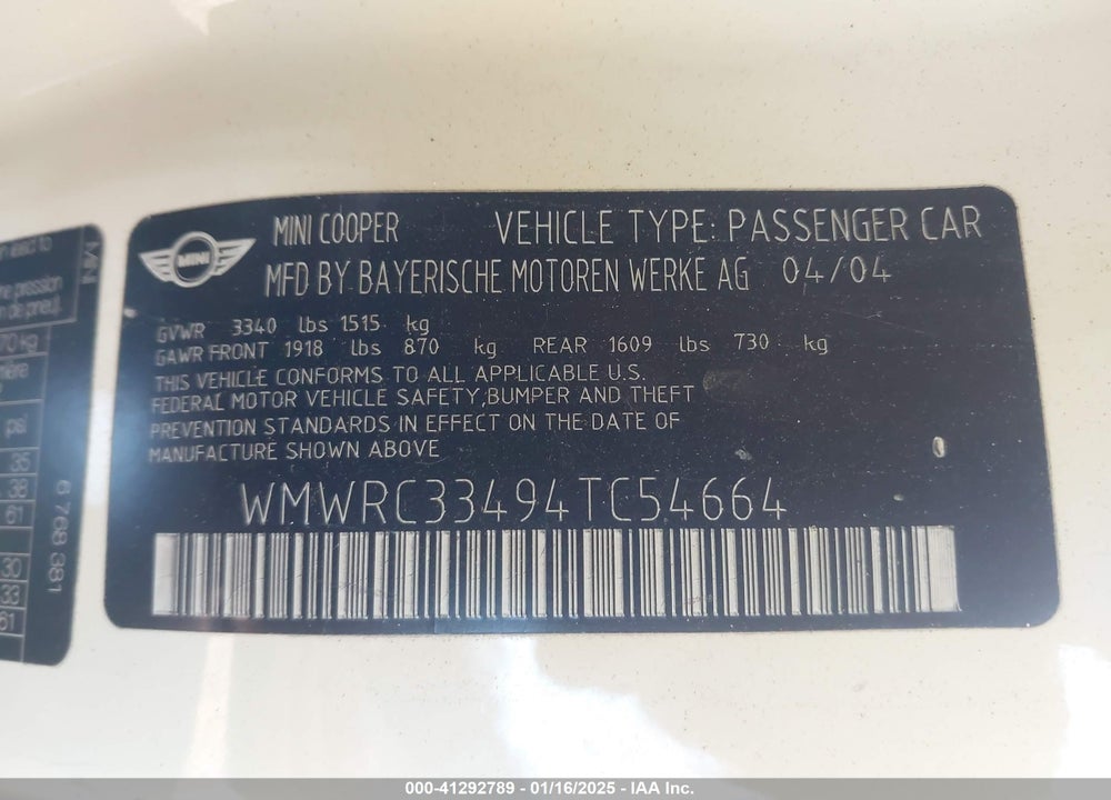 2004 MINI COOPER VIN: WMWRC33494TC54664