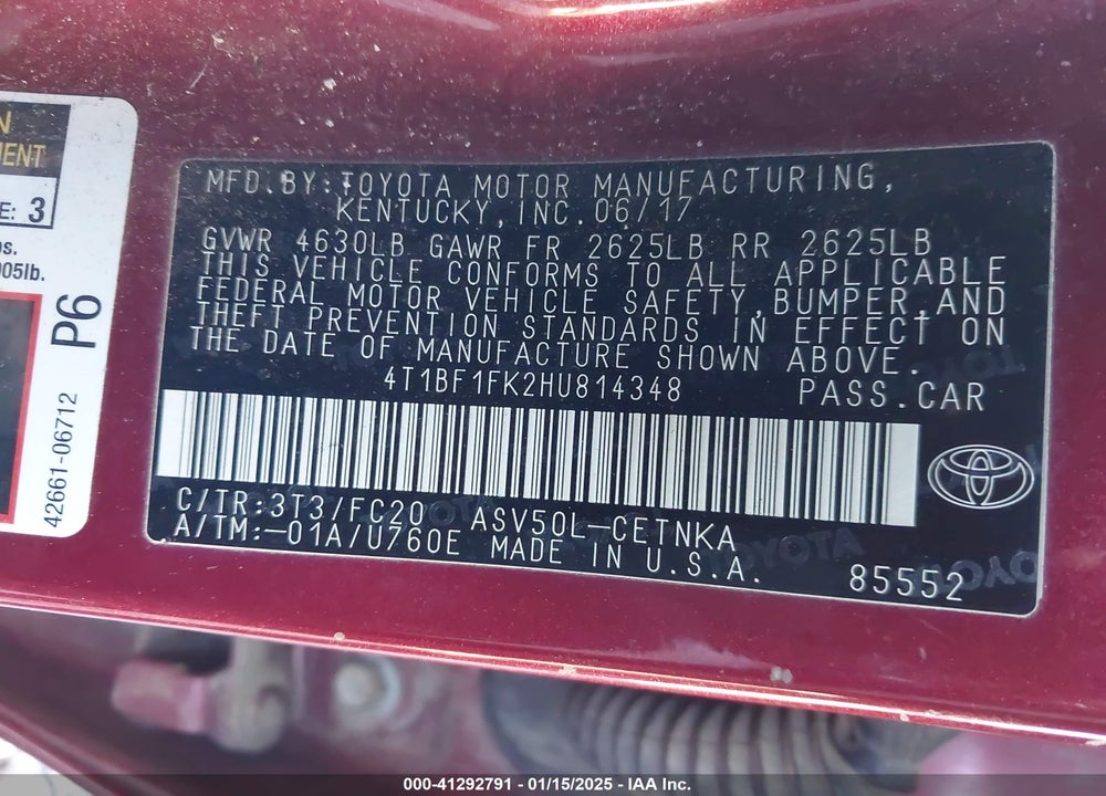 2017 TOYOTA CAMRY LE VIN: 4T1BF1FK2HU814348