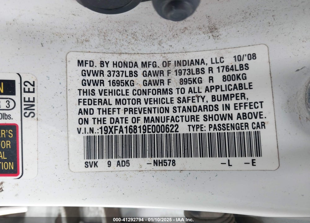 2009 HONDA CIVIC VIN: 19XFA16819E000622