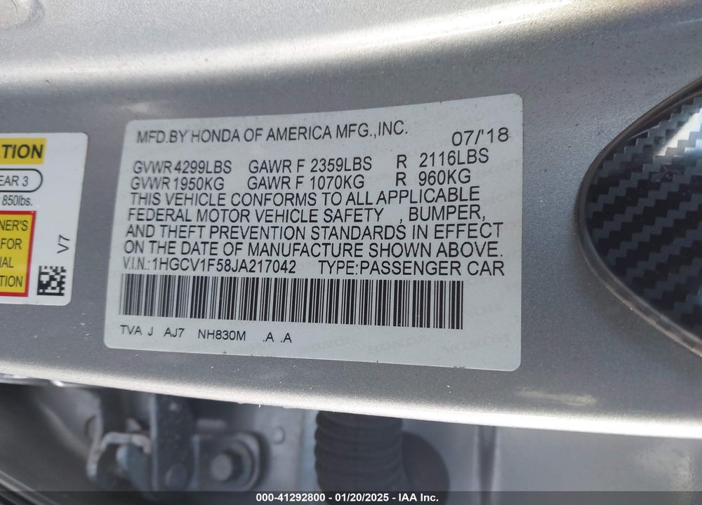 2018 HONDA ACCORD VIN: 1HGCV1F58JA217042