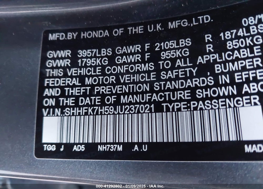 2018 HONDA CIVIC VIN: SHHFK7H59JU237021