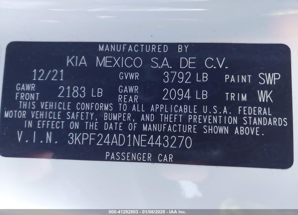 2022 KIA FORTE VIN: 3KPF24AD1NE443270