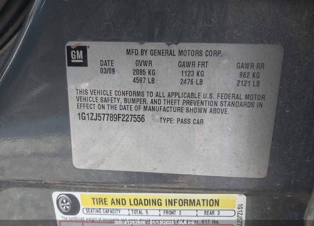 2009 CHEVROLET MALIBU VIN: 1G1ZJ57789F227556