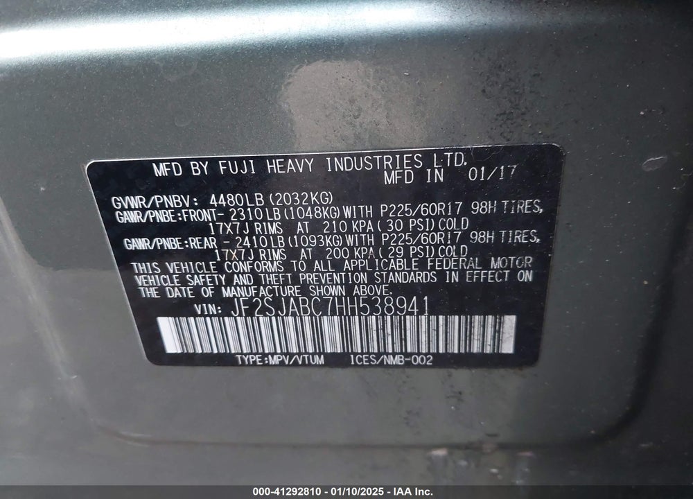 2017 SUBARU FORESTER 2.5I VIN: JF2SJABC7HH538941