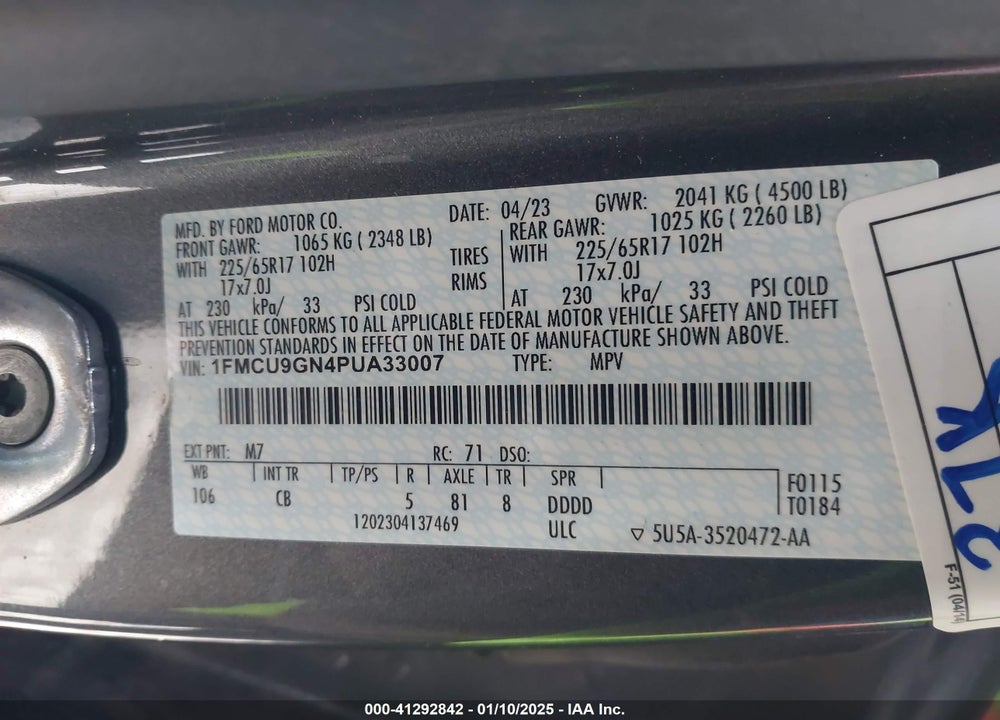 2023 FORD ESCAPE ACTIVE VIN: 1FMCU9GN4PUA33007