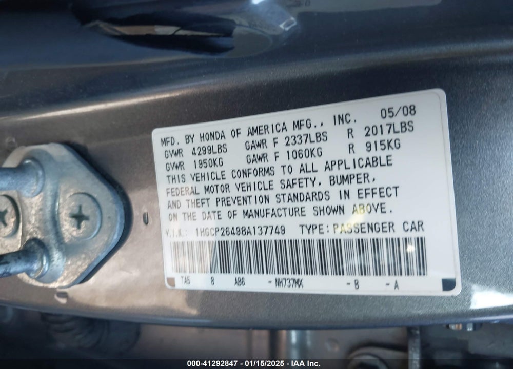 2008 HONDA ACCORD 2.4 LX-P VIN: 1HGCP26498A137749