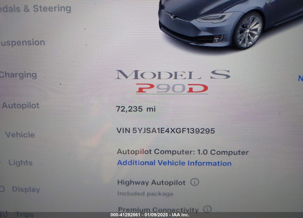 2016 TESLA MODEL S VIN: 5YJSA1E4XGF139295