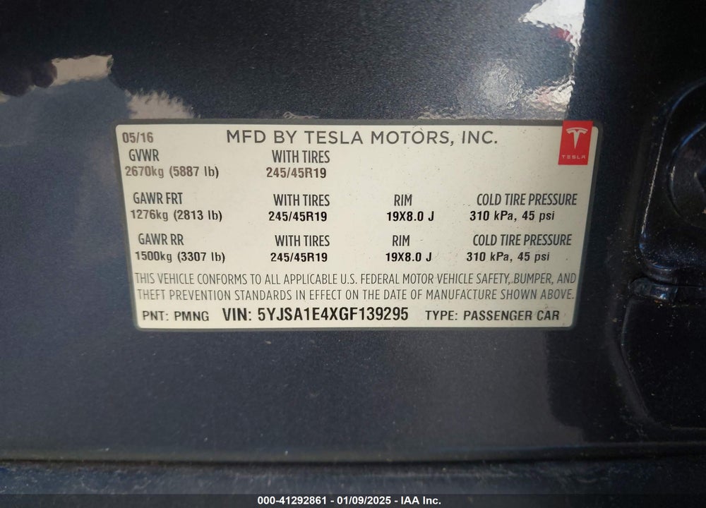 2016 TESLA MODEL S VIN: 5YJSA1E4XGF139295