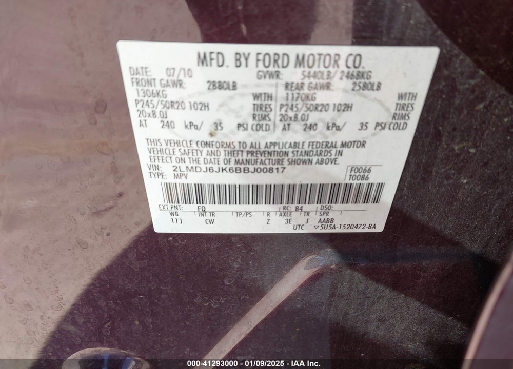 2011 LINCOLN MKX VIN: 2LMDJ6JK6BBJ00817