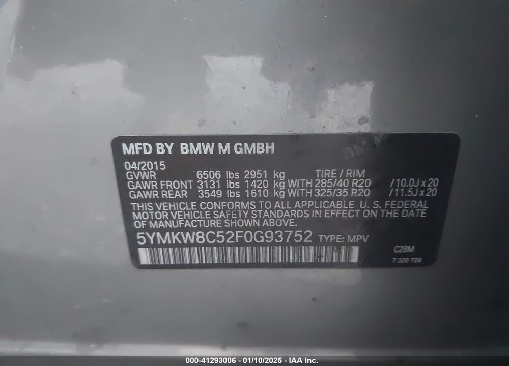 2015 BMW X6 M VIN: 5YMKW8C52F0G93752