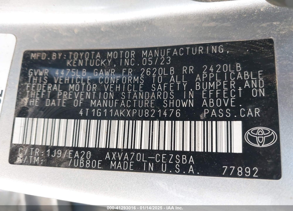 2023 TOYOTA CAMRY VIN: 4T1G11AKXPU821476