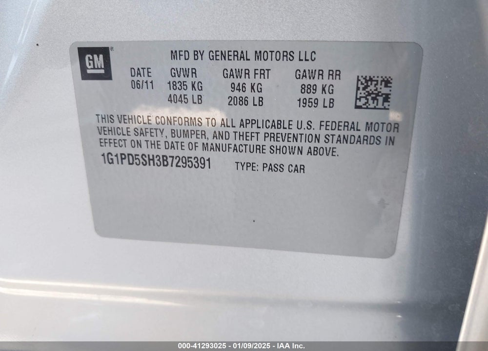 2011 CHEVROLET CRUZE VIN: 1G1PD5SH3B7295391