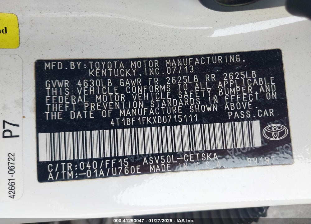 2013 TOYOTA CAMRY SE VIN: 4T1BF1FKXDU715111