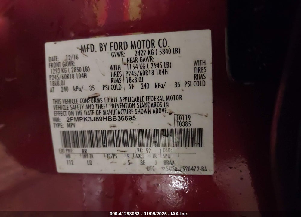 2017 FORD EDGE SEL VIN: 2FMPK3J89HBB36695