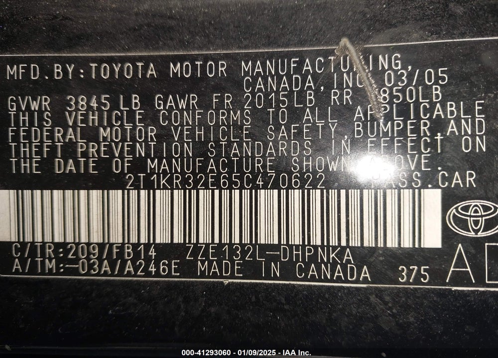 2005 TOYOTA MATRIX/XR VIN: 2T1KR32E65C470622