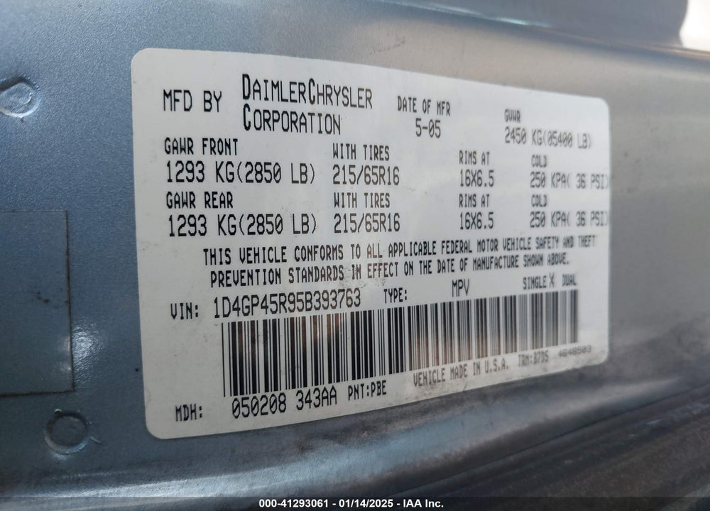 2005 DODGE CARAVAN SXT VIN: 1D4GP45R95B393763