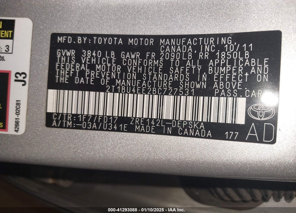 2011 TOYOTA COROLLA S VIN: 2T1BU4EE2BC727531
