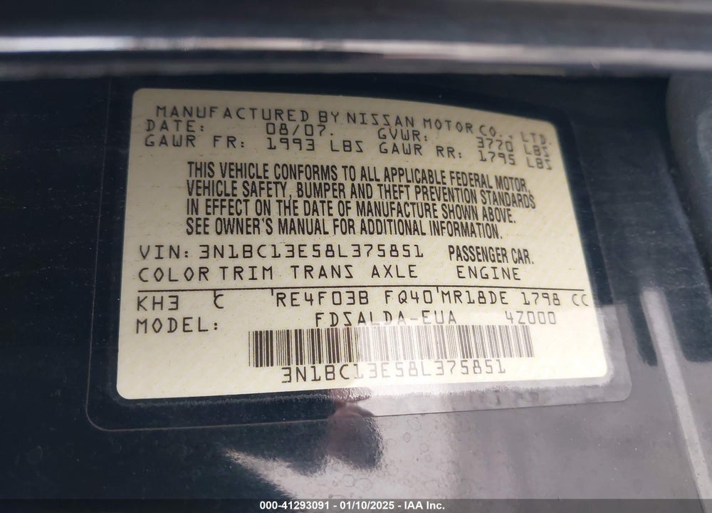 2008 NISSAN VERSA 1.8S VIN: 3N1BC13E58L375851