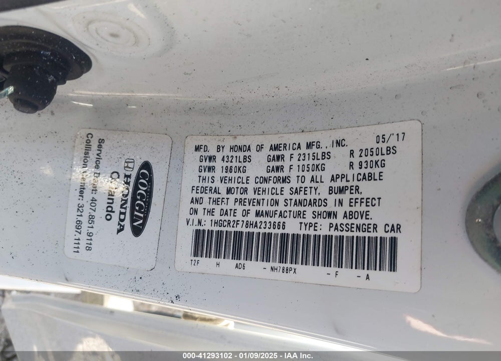 2017 HONDA ACCORD VIN: 1HGCR2F78HA233666