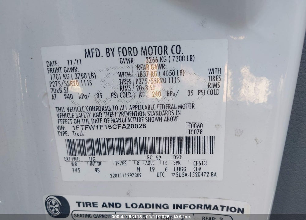 2012 FORD F-150 PLATINUM VIN: 1FTFW1ET6CFA20028