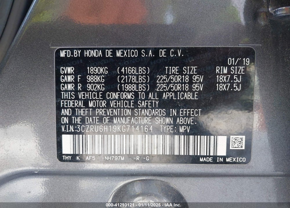 2019 HONDA HR-V VIN: 3CZRU6H19KG714164