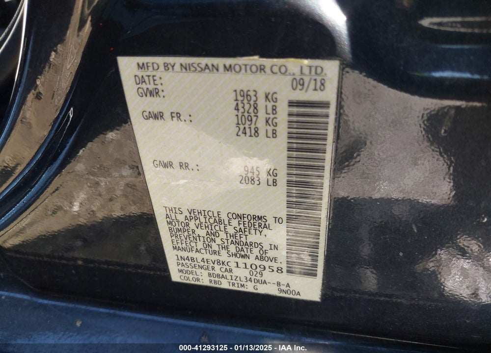 2019 NISSAN ALTIMA VIN: 1N4BL4EV8KC110958