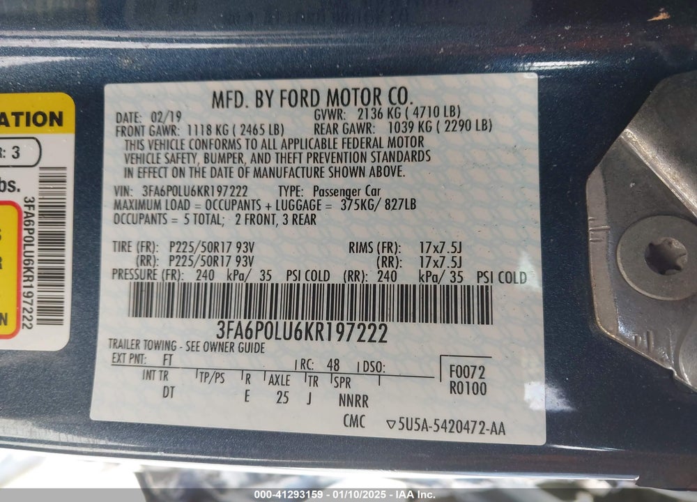 2019 FORD FUSION HYBRID VIN: 3FA6P0LU6KR197222