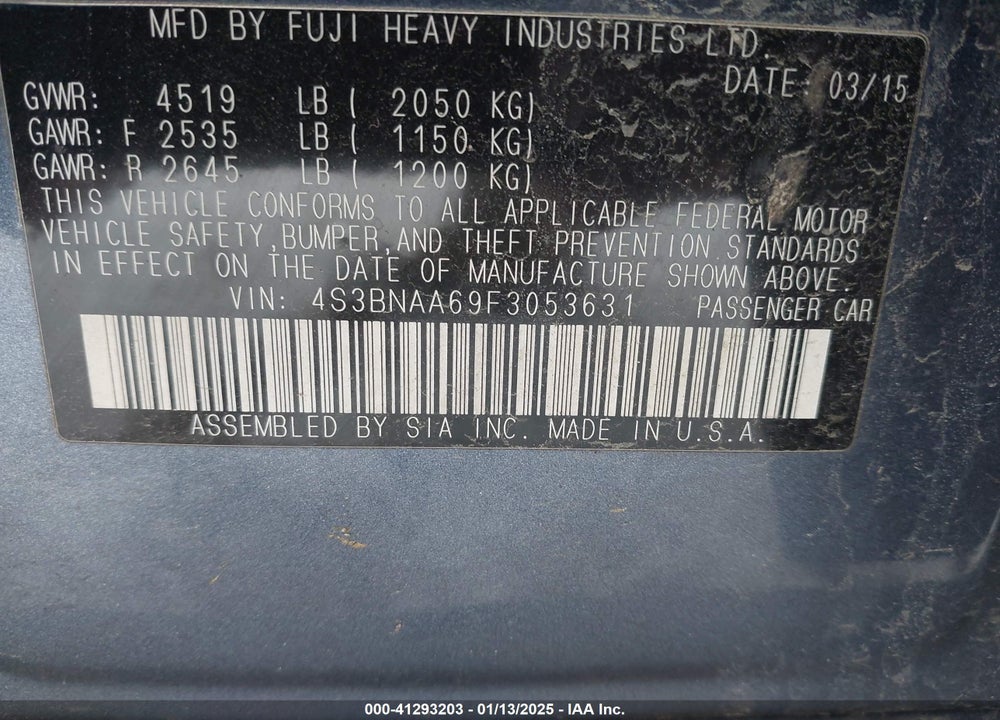 2015 SUBARU LEGACY 2.5I VIN: 4S3BNAA69F3053631