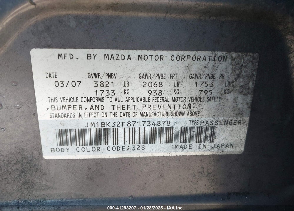 2007 MAZDA 3 I VIN: JM1BK32F871734878