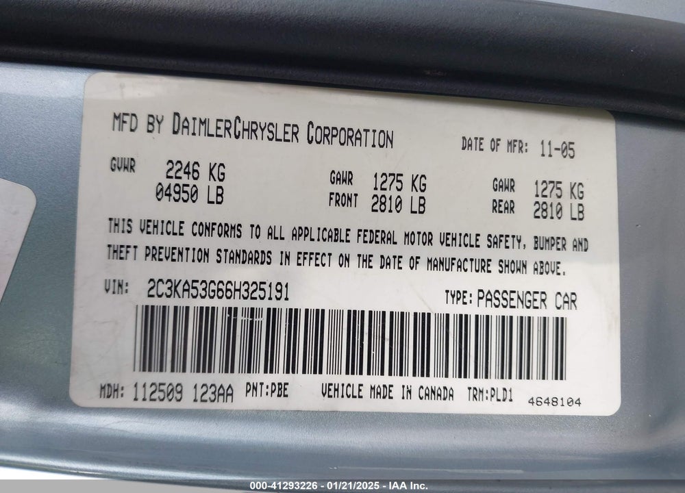 2006 CHRYSLER 300 TOURING VIN: 2C3KA53G66H325191